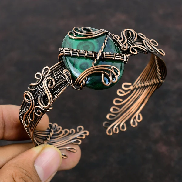 Malachite Oval Green Handmade Copper Wire Wrapped Bangle