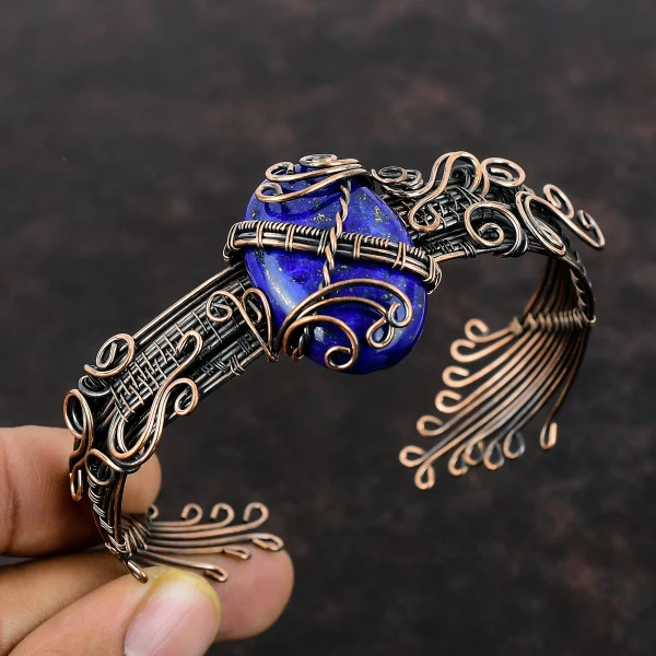 Lapis Lazuli Oval Blue Handmade Copper Wire Wrapped Bangle