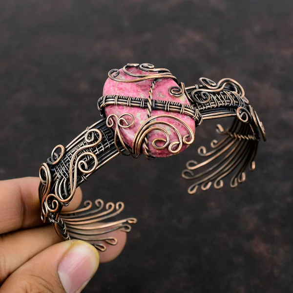 Thulite Oval Pink Handmade Copper Wire Wrapped Bangle