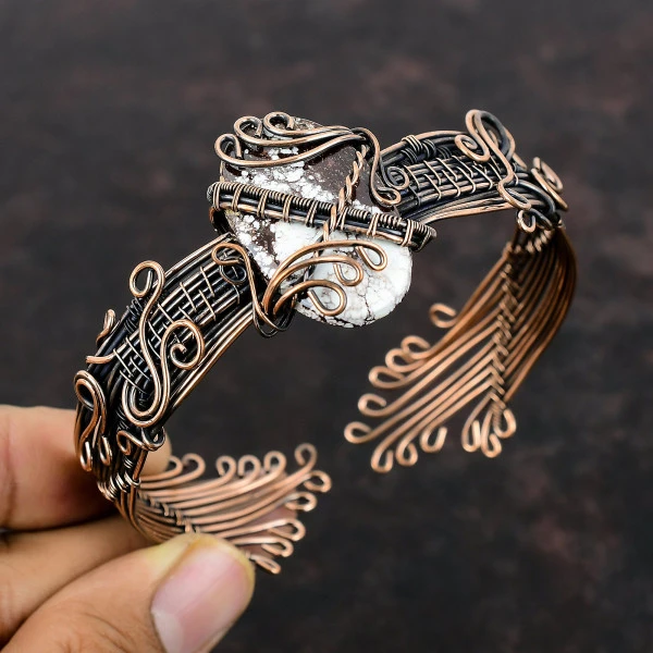 Wild Horse Magnesite Oval White Handmade Copper Wire Wrapped Bangle
