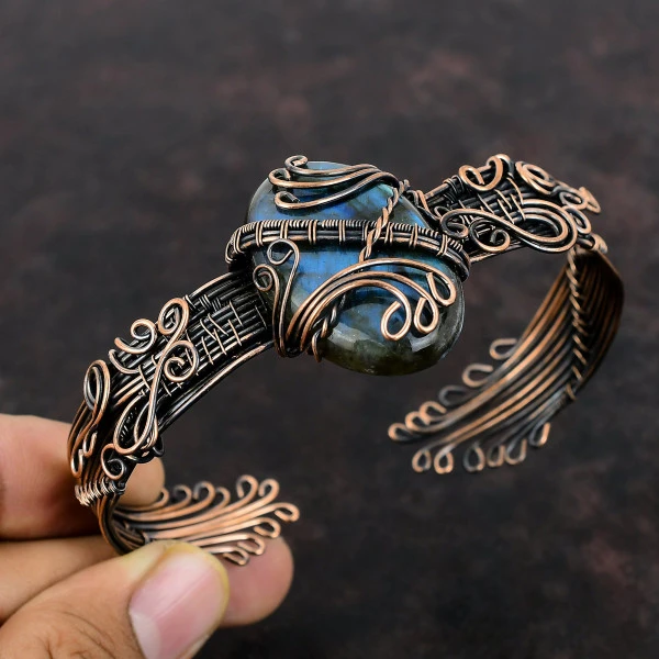 Labradorite Oval Gray Handmade Copper Wire Wrapped Bangle