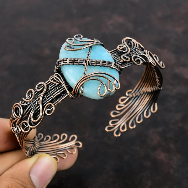 Hemimorphite Oval Blue Handmade Copper Wire Wrapped Bangle
