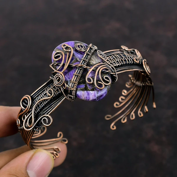 Copper Charoite Pear Purple Handmade Copper Wire Wrapped Bangle
