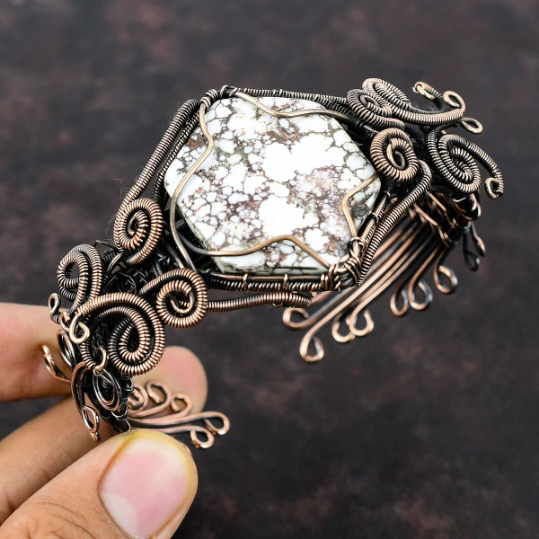 Wild Horse Magnesite Hexagon White Handmade Copper Wire Wrapped Bangle