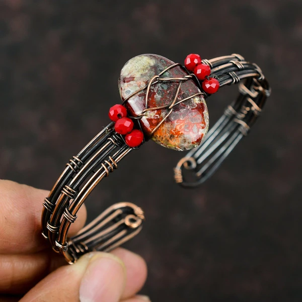 Mexican Laguna Lace Agate Oval Red Handmade Copper Wire Wrapped Bangle