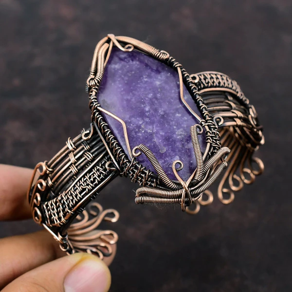 Lepidolite Hexagon Purple Handmade Copper Wire Wrapped Bangle
