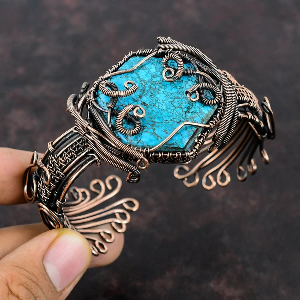 Tibetan Turquoise Hexagon Blue Handmade Copper Wire Wrapped Bangle