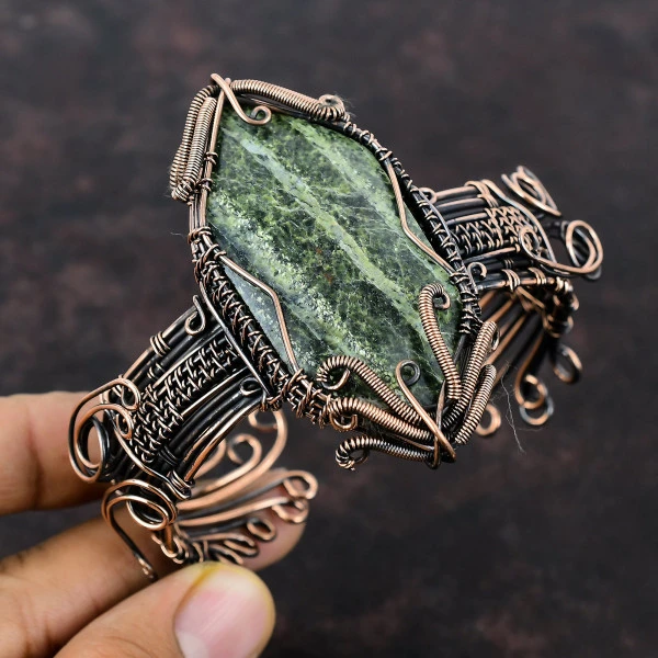 Green Swiss Opal Hexagon Green Handmade Copper Wire Wrapped Bangle