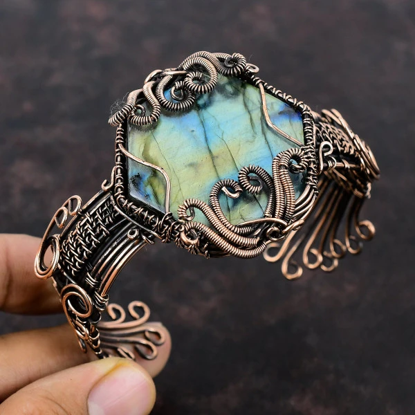 Labradorite Hexagon Gray Handmade Copper Wire Wrapped Bangle