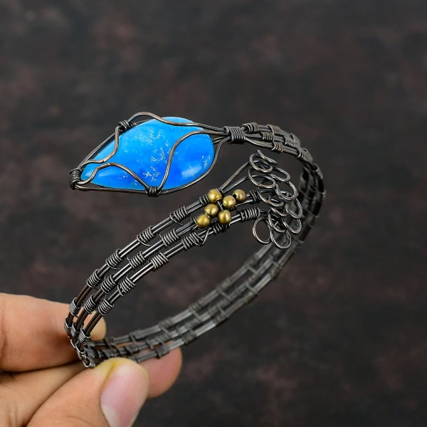 Smithsonite Pear Blue Handmade Copper Wire Wrapped Bangle