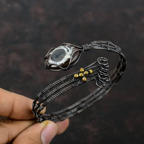 Moroccan Mud Crack Fossil Oval Brown Handmade Copper Wire Wrapped Bangle