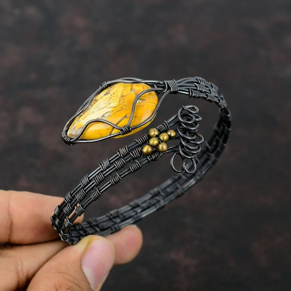 Brecciated Mookaite Pear Yellow Handmade Copper Wire Wrapped Bangle