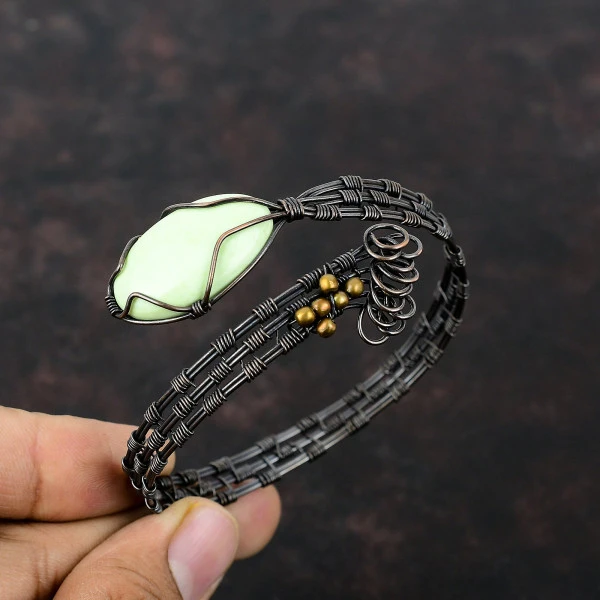 Lemon Chrysoprase Oval Green Handmade Copper Wire Wrapped Bangle