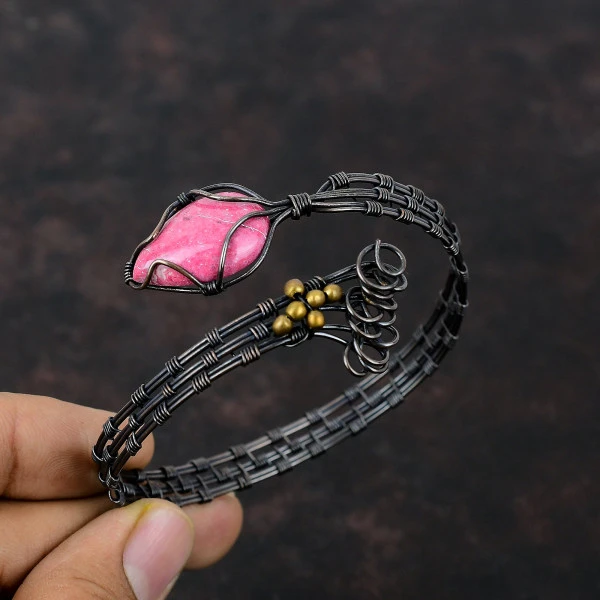 Thulite Pear Pink Handmade Copper Wire Wrapped Bangle