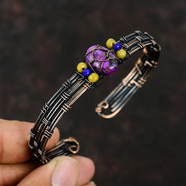 Copper Purple Turquoise Oval Purple Handmade Copper Wire Wrapped Bangle