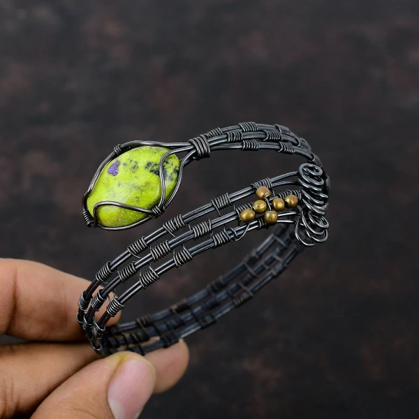 Stichtite Oval Green Handmade Copper Wire Wrapped Bangle