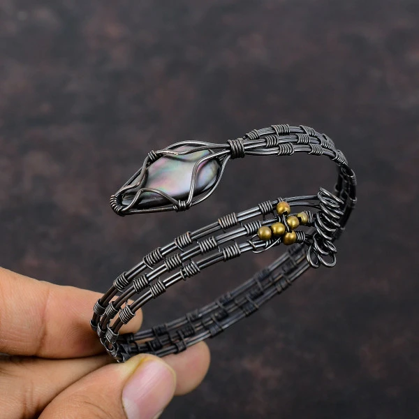 Black Mother Of Pearl Pear Black Handmade Copper Wire Wrapped Bangle