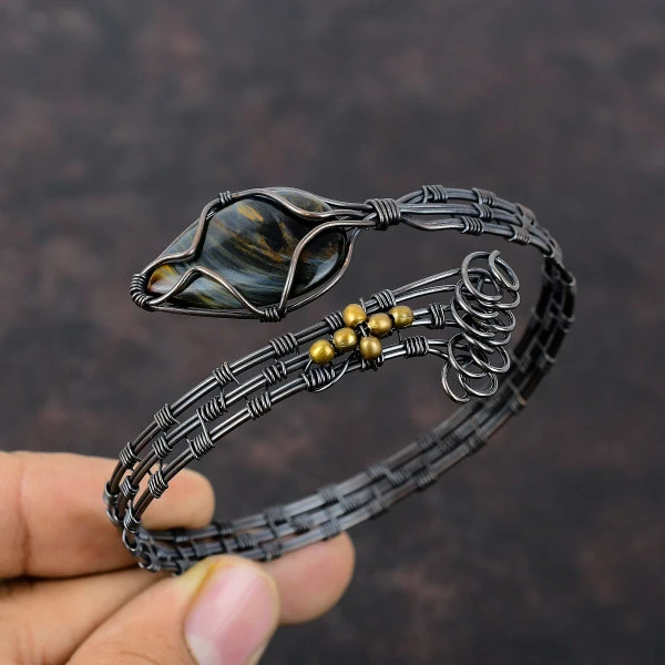 Pietersite Pear Black Handmade Copper Wire Wrapped Bangle