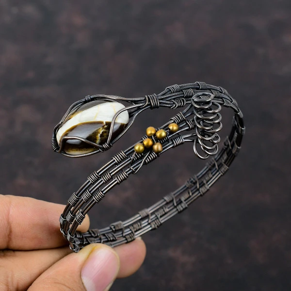 Peanut Wood Jasper Oval Brown Handmade Copper Wire Wrapped Bangle