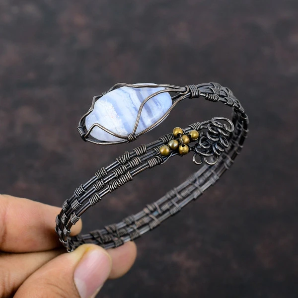 Blue Lace Agate Oval Blue Handmade Copper Wire Wrapped Bangle