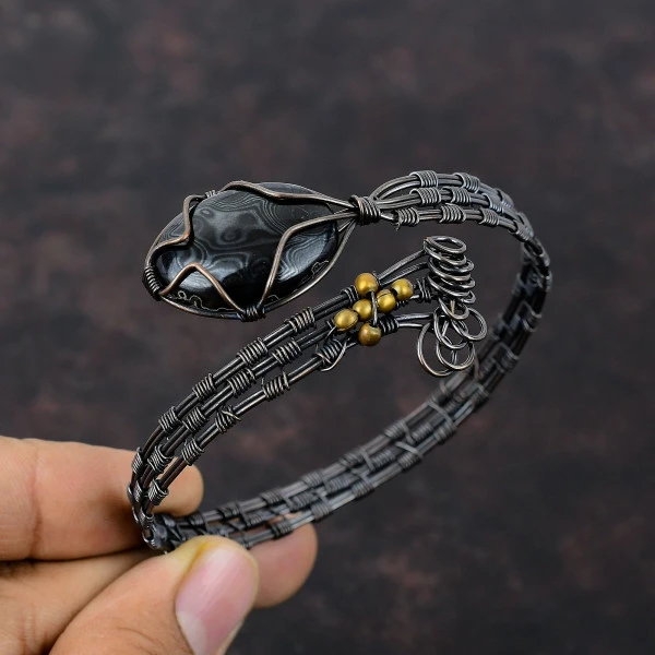 Psilomelane Oval Black Handmade Copper Wire Wrapped Bangle