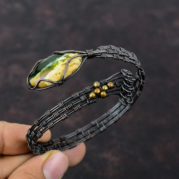 Australian Chrome Chalcedony Oval Green Handmade Copper Wire Wrapped Bangle