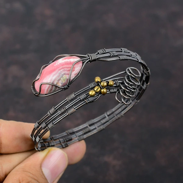 Rhodochrosite Oval Pink Handmade Copper Wire Wrapped Bangle