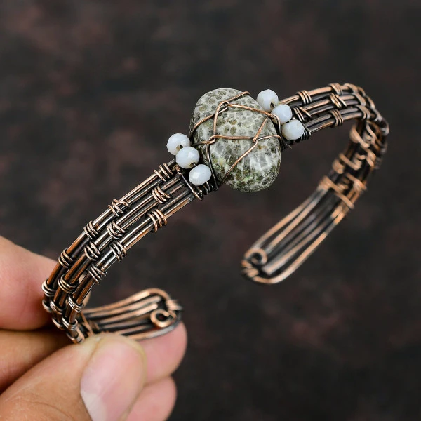 Stingray Coral Oval Gray Handmade Copper Wire Wrapped Bangle
