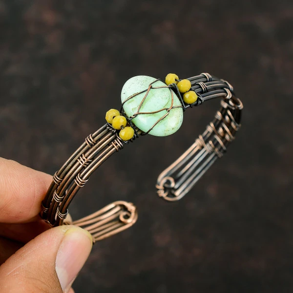 Chrysoprase Oval Green Handmade Copper Wire Wrapped Bangle
