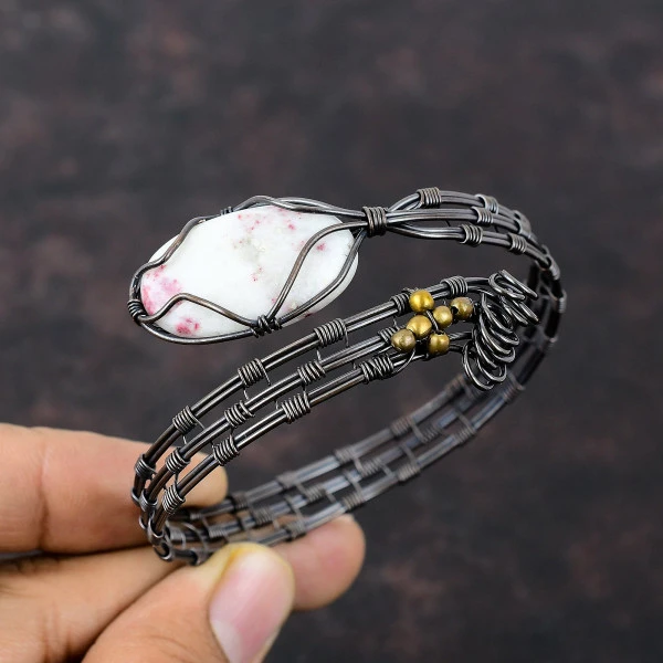 Cinnabar Oval White Handmade Copper Wire Wrapped Bangle