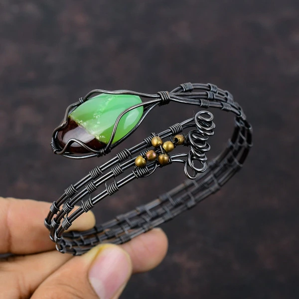 Boulder Chrysoprase Oval Green Handmade Copper Wire Wrapped Bangle