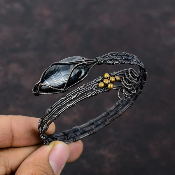 Psilomelane Pear Black Handmade Copper Wire Wrapped Bangle