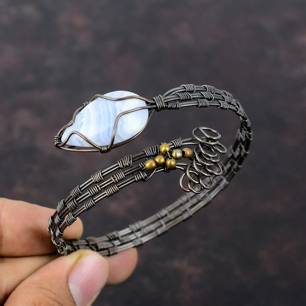 Blue Lace Agate Pear Blue Handmade Copper Wire Wrapped Bangle