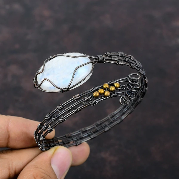 Rainbow Moonstone Oval White Handmade Copper Wire Wrapped Bangle