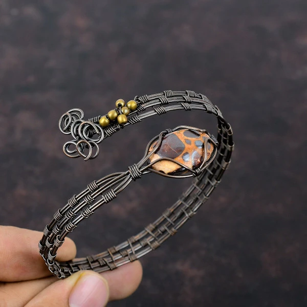 Bauxite Oval Red Handmade Copper Wire Wrapped Bangle