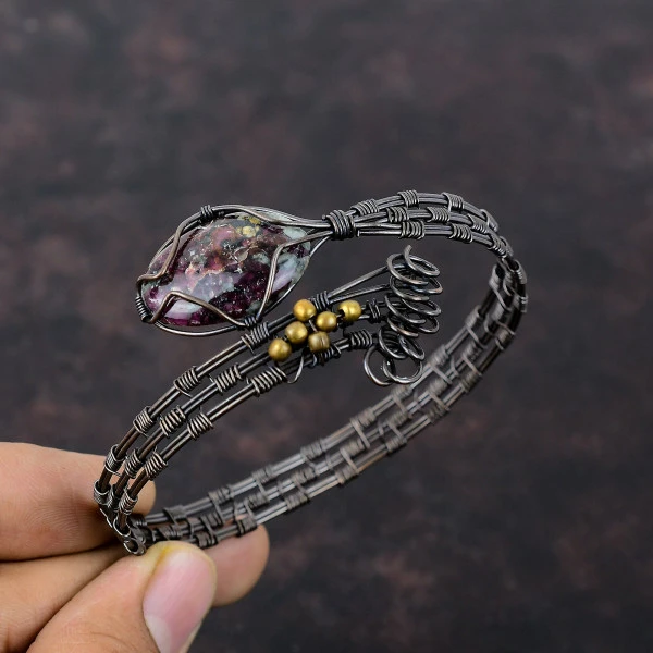 Eudialyte Oval Pink Handmade Copper Wire Wrapped Bangle