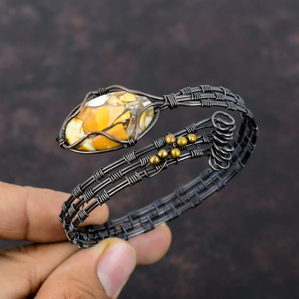 Brecciated Mookaite Oval Yellow Handmade Copper Wire Wrapped Bangle