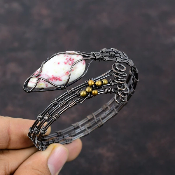 Cinnabar Pear White Handmade Copper Wire Wrapped Bangle