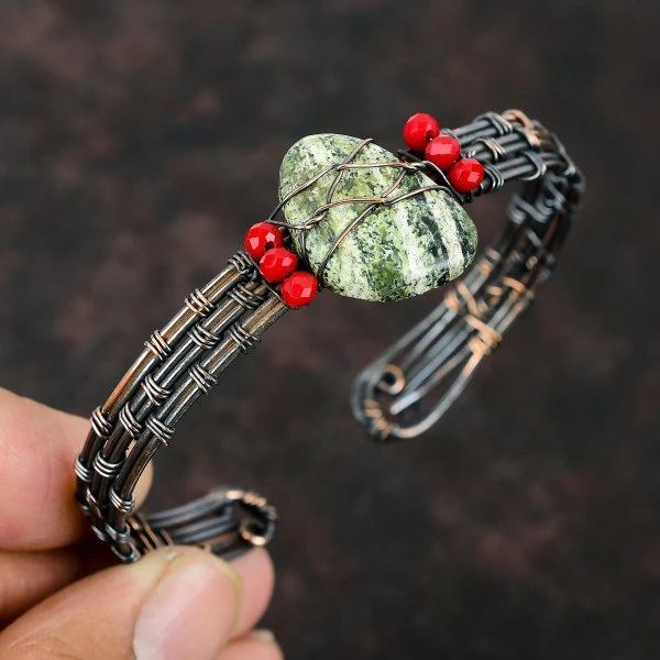 Green Swiss Opal Trillion Green Handmade Copper Wire Wrapped Bangle