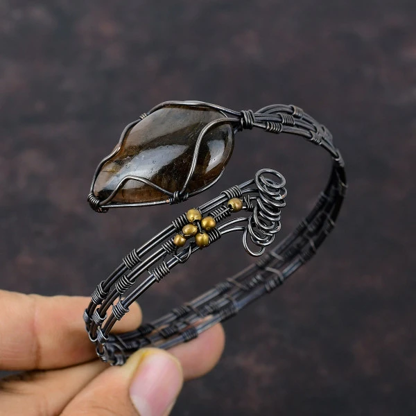 Chiastolite Pear Brown Handmade Copper Wire Wrapped Bangle