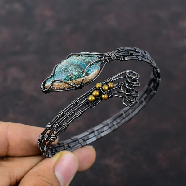 Azurite Pear Green Handmade Copper Wire Wrapped Bangle