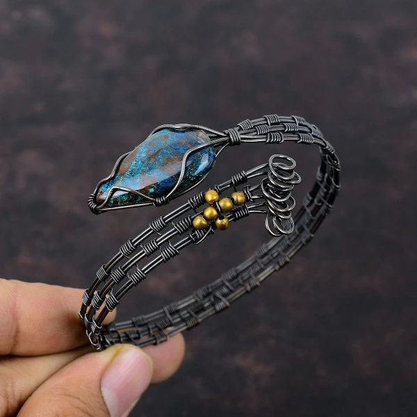 Shattuckite Pear Blue Handmade Copper Wire Wrapped Bangle