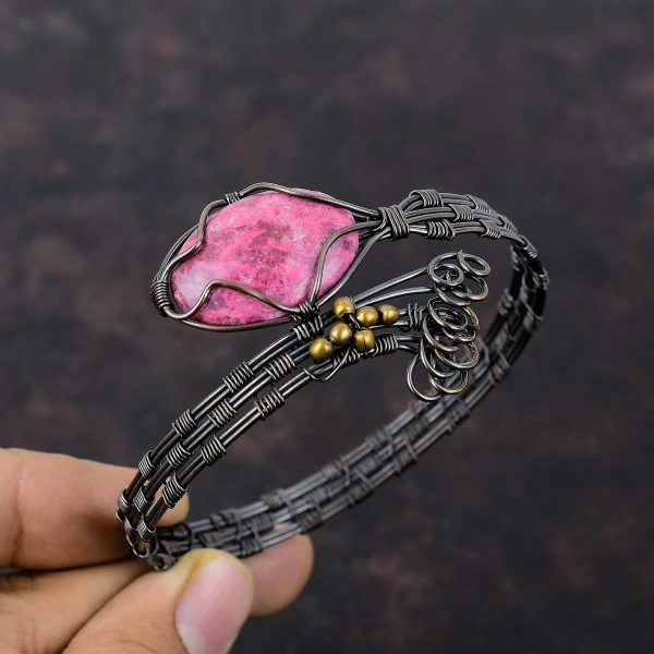 Thulite Oval Pink Handmade Copper Wire Wrapped Bangle
