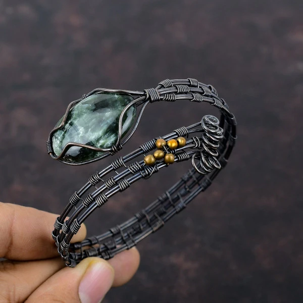 Seraphinite Oval Green Handmade Copper Wire Wrapped Bangle