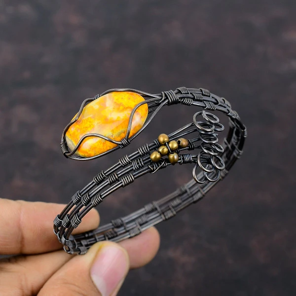 Bumble Bee Jasper Oval Yellow Handmade Copper Wire Wrapped Bangle