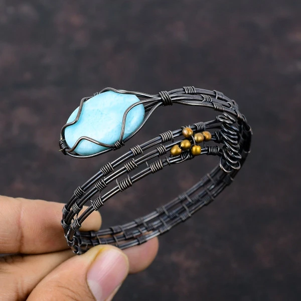 Larimar Oval Blue Handmade Copper Wire Wrapped Bangle