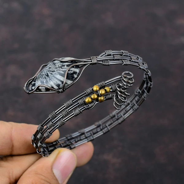 Chrysanthemum Pear Black Handmade Copper Wire Wrapped Bangle