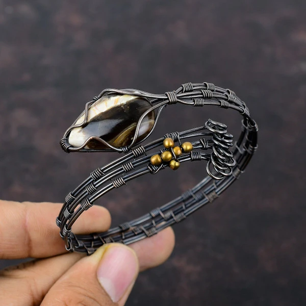 Peanut Wood Jasper Pear Brown Handmade Copper Wire Wrapped Bangle