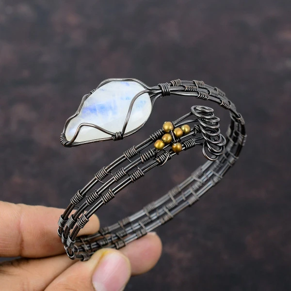 Rainbow Moonstone Pear White Handmade Copper Wire Wrapped Bangle