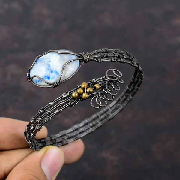 Blue Scheelite Oval Blue Handmade Copper Wire Wrapped Bangle